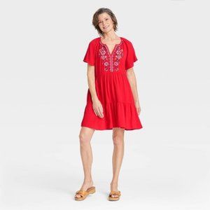 Knox Rose Raglan Short Sleeve Embroidered Red Sundress Dress NEW XL